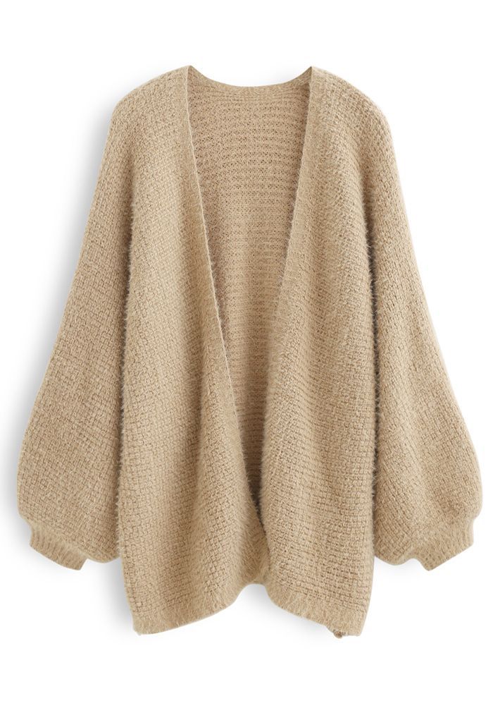 Fuzzy Open Front Waffle Knit Cardigan in Tan | Chicwish