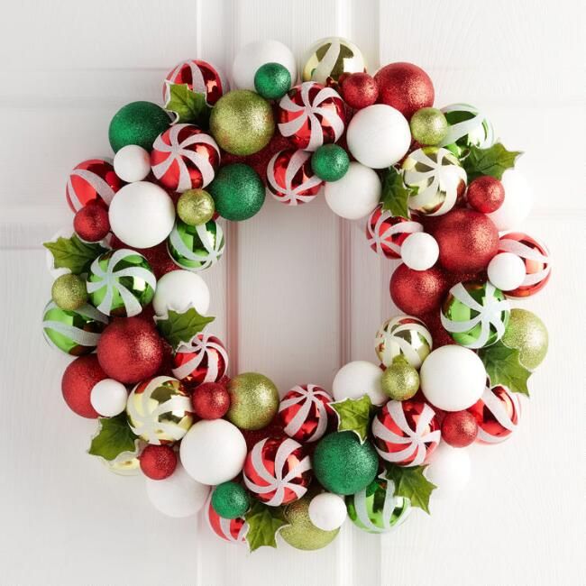 Pier Place Peppermint Ball and Faux Holly Leaf Wreath | World Market
