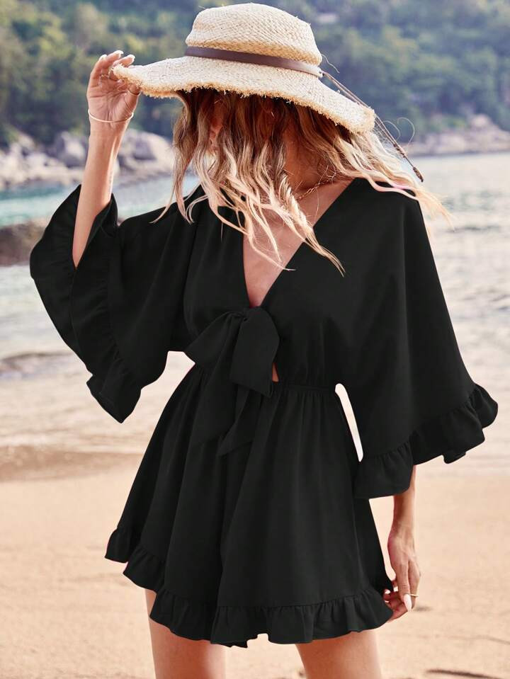 SHEIN VCAY Holiday Solid Color Batwing Sleeve, Ruffle Hem, Tie Waist Jumpsuit | SHEIN