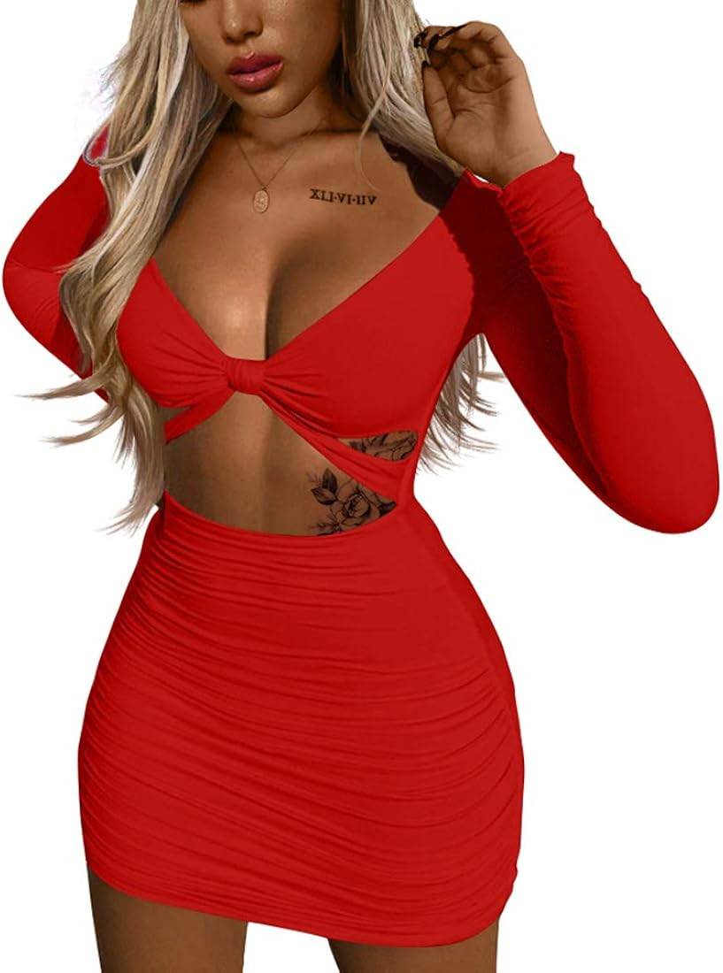 XXTAXN Women's Sexy Bodycon Deep V Neck Long Sleeve Cut Out Club Mini Dress | Amazon (US)