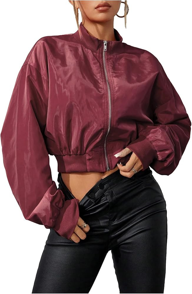 Verdusa Women's Cropped Bomber Lightweight Jacket Long Sleeve Zip Up Outerwear | Amazon (US)