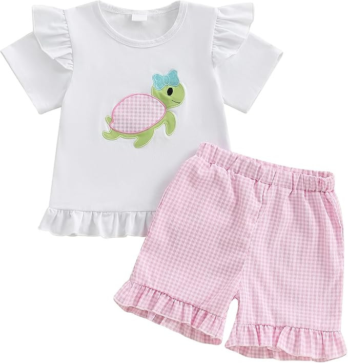 Toddler Baby Girl 2PCS Turtle Embroidered Short Sleeve Tops Elastic Waist Shorts Outfits Set | Amazon (US)