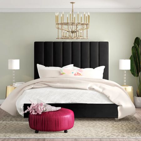 Upholstered Bed 
Bed 
Bedroom
Black bed 
Gold leg bed 
Bedroom 
Bedroom Furniture 
Home Decor 
Interior Design 
Furniture 
Pink decor 
Glam bedroom 
Glam style 
Wayfair 

#LTKhome #LTKsalealert #LTKFind