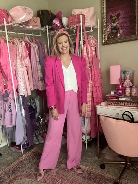 Pink workwear outfit 
Puff sleeve pink blazer 
Pink high waist pants
Pink Lele headband
White button down blouse
Pink mules 
Work tote

#LTKsalealert #LTKunder50 #LTKworkwear