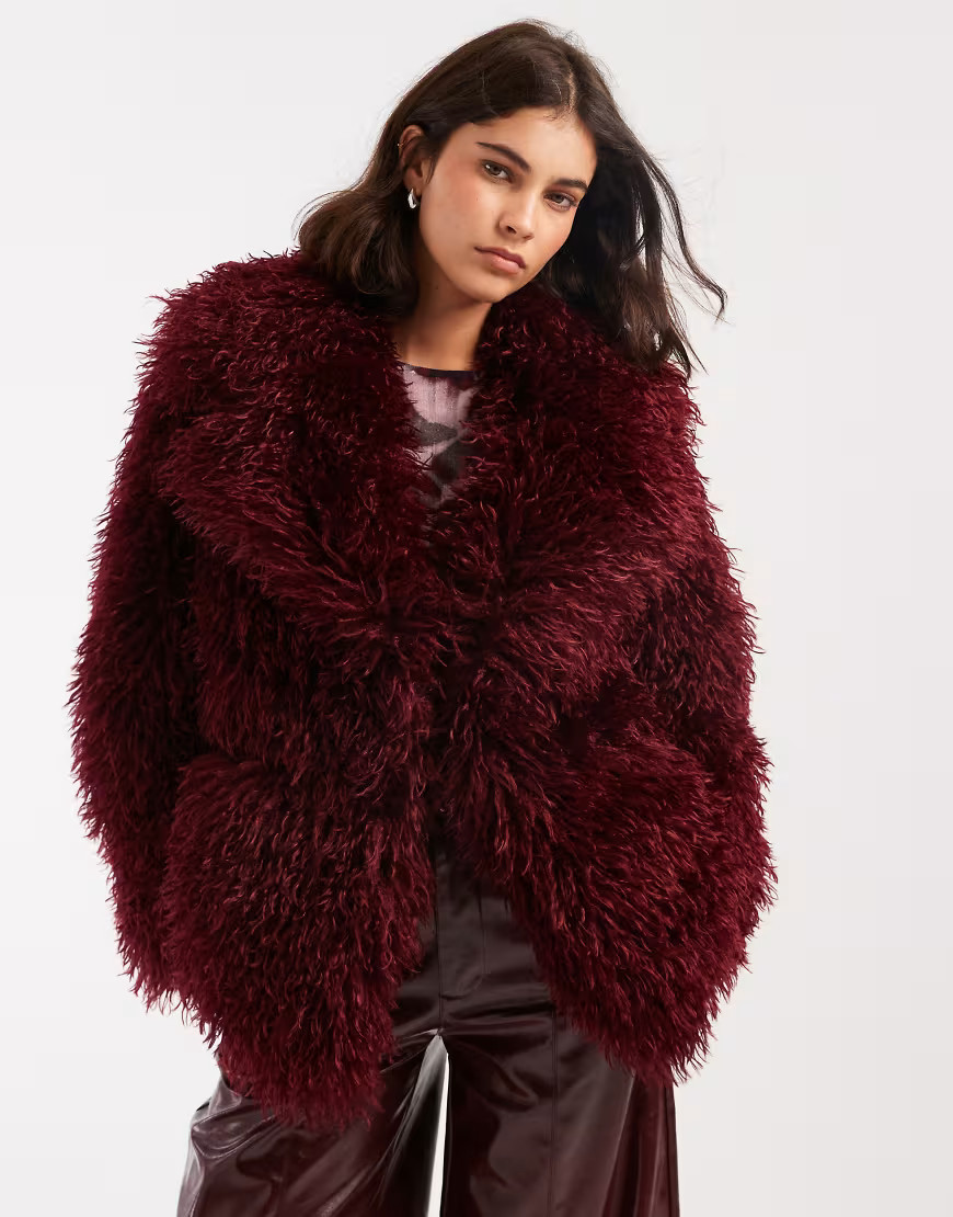 Miss Selfridge mongolian faux fur oversized coat in plum-Purple | ASOS (Global)