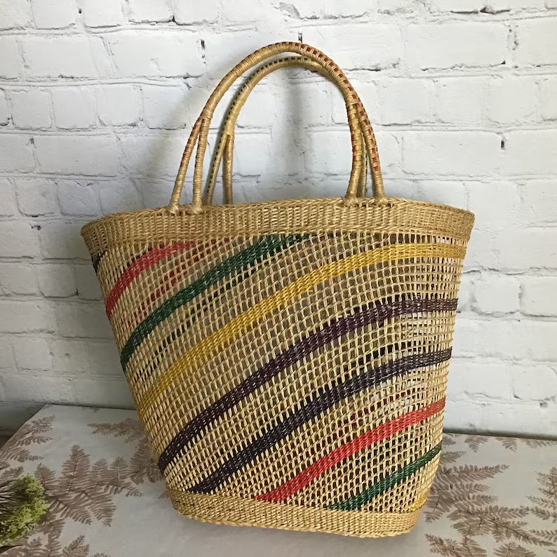 Vintage Woven Straw Tote Colorful Striped Beach Summer Tourist Souvenir Unlined - Etsy | Etsy (US)