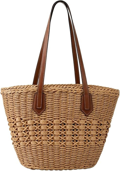 Straw Tote Bag Woven Beach Bag for Women, Large Capacity Summer Shoulder Boho Handbag Vacation | Amazon (US)