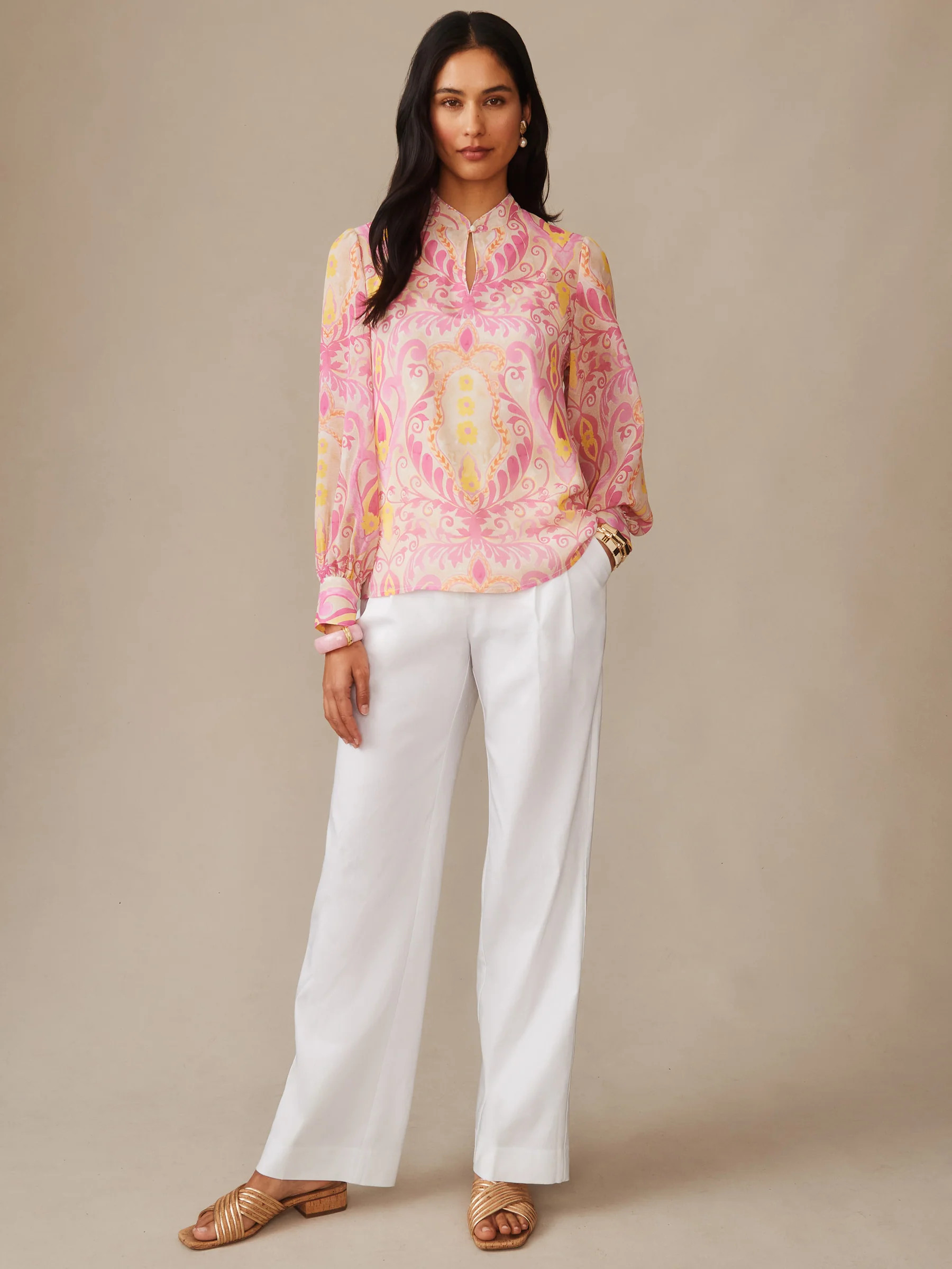 Cream/Pink Mini Deco Bloom Peyton Blouse | Women's Tops | J.McLaughlin | J.McLaughlin