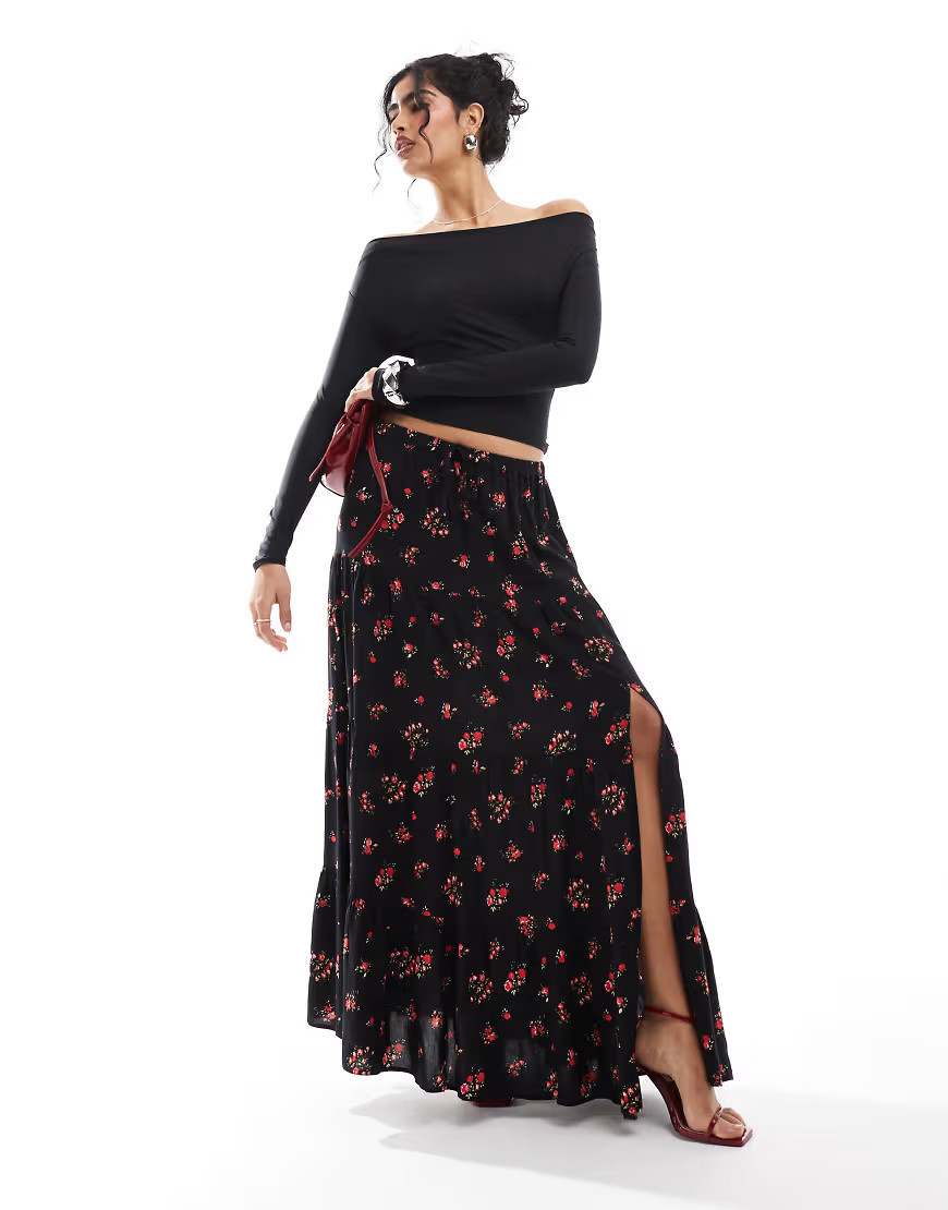 Miss Selfridge tiered maxi skirt in floral print-Black | ASOS (Global)