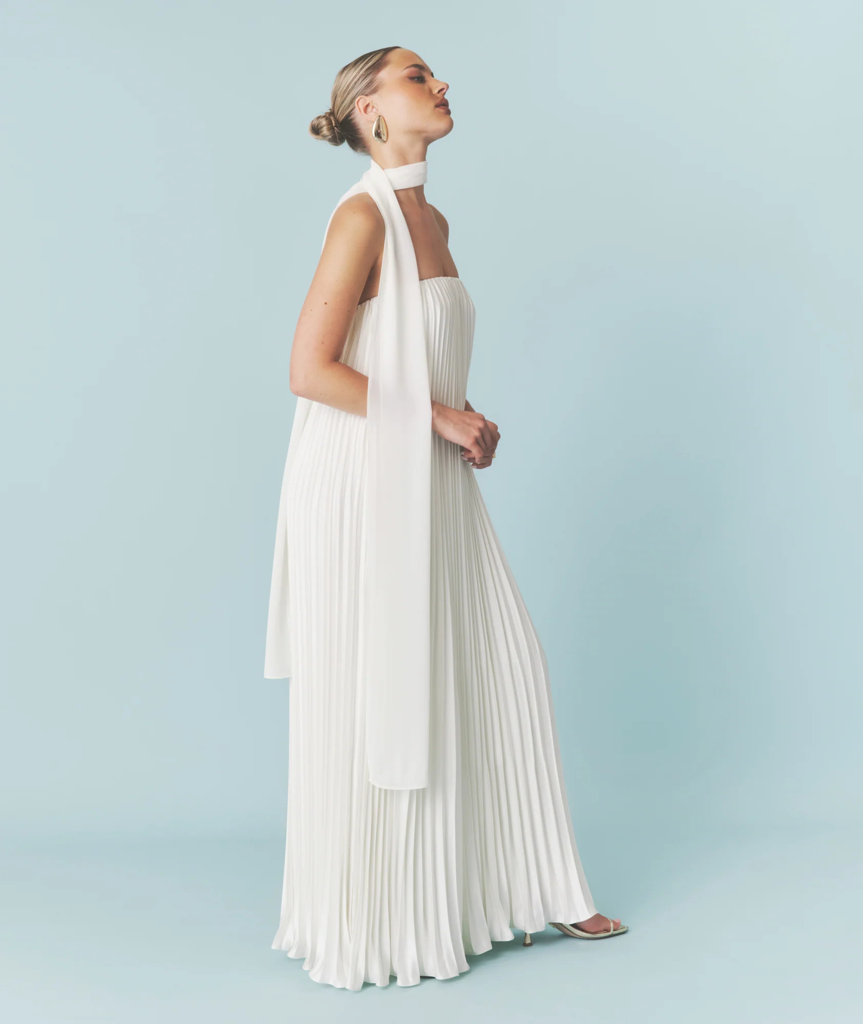 Pleated Satin Bandeau Maxi Dress - Oyster | Six Stories