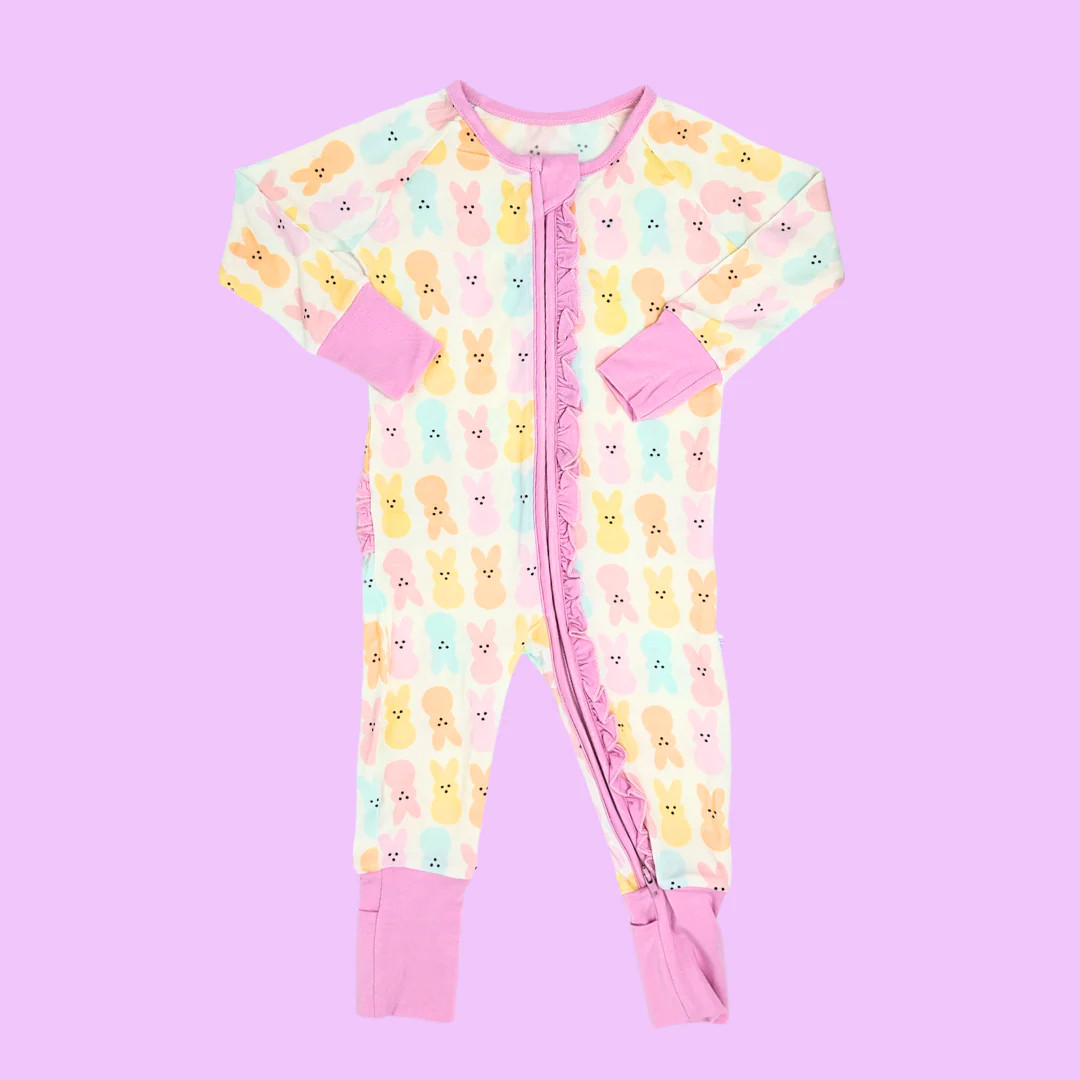 Pink Easter Bunny Premium Ruffle Romper | Poppy Kids Co