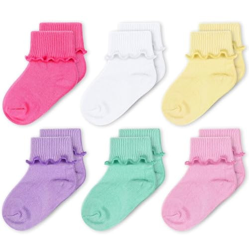 CozyWay Newborn & Baby Girl Ruffle Socks - Infant 0-9 Months - 6 Pack Pink, Yellow & Green - Breathable Cotton & Reinforced Toe - Stay-Up Elastic Cuff | Amazon (US)