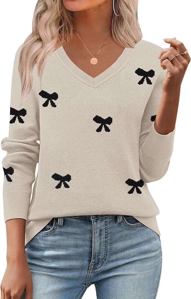 Zeagoo Women's 2025 Fall V Neck Sweater Trendy Long Sleeve Casual Lightweight Ribbed Knit Pullove... | Amazon (US)