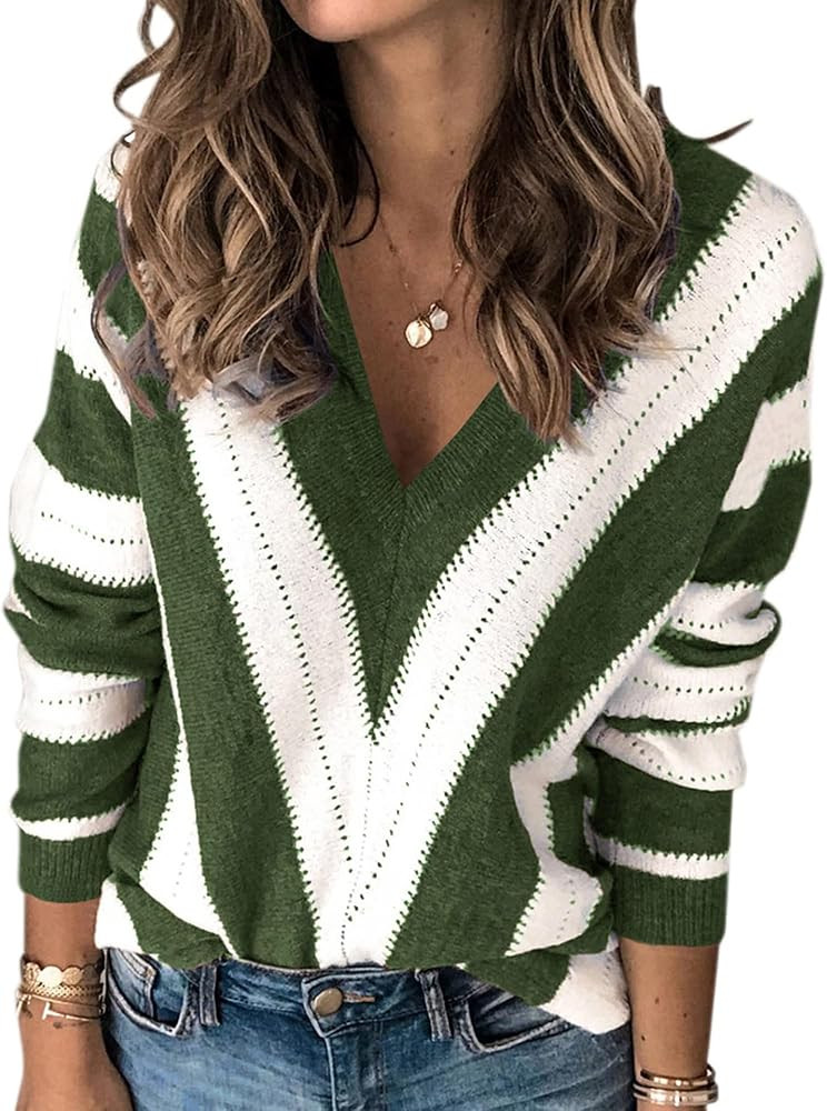 PRETTYGARDEN Women's Fashion Long Sleeve Striped Color Block Knitted Sweater Crew Neck Loose Pull... | Amazon (US)