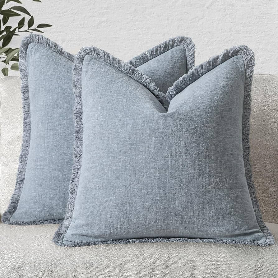 MIULEE Decorative Throw Pillow Covers Neutral Linen Fringe Throw Pillows Set of 2 Light Blue Boho... | Amazon (US)