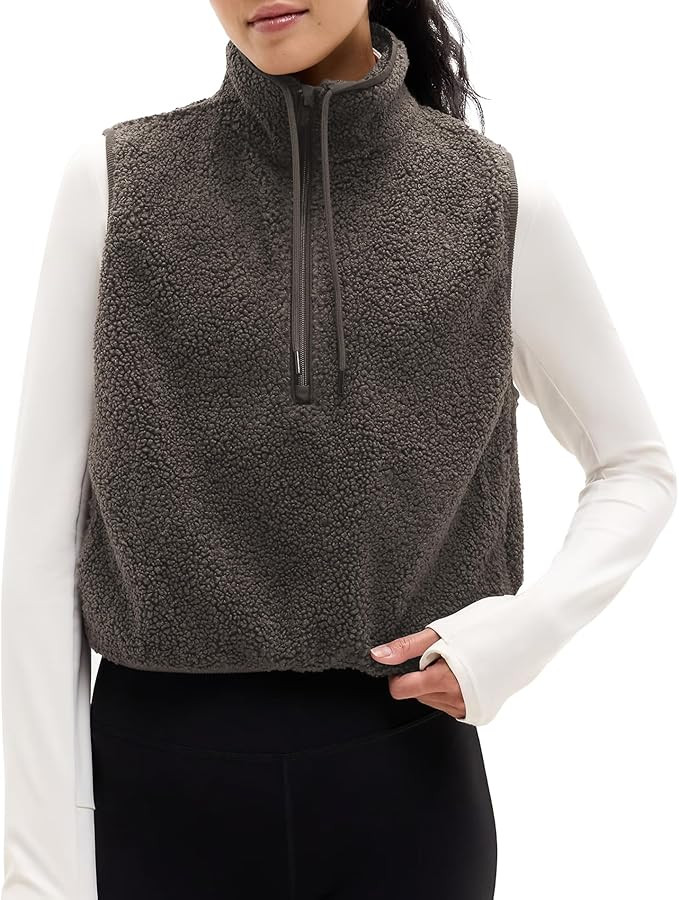 Songling Womens Fuzzy Fleece Vest High Neck Cropped Half Zip Up Warm Sherpa Vest Drawstring Pullo... | Amazon (US)