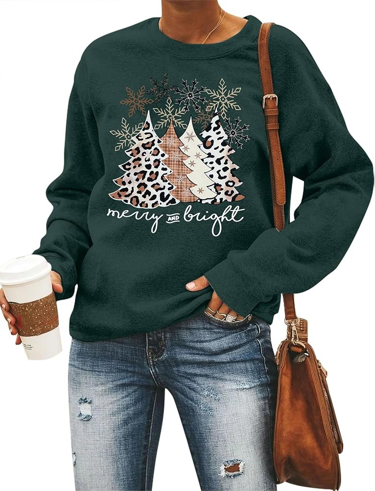 Christmas Sweatshirt Women Merry and Bright Christmas T-Shirt Funny Xmas Lights Blouse Tops Holid... | Amazon (US)