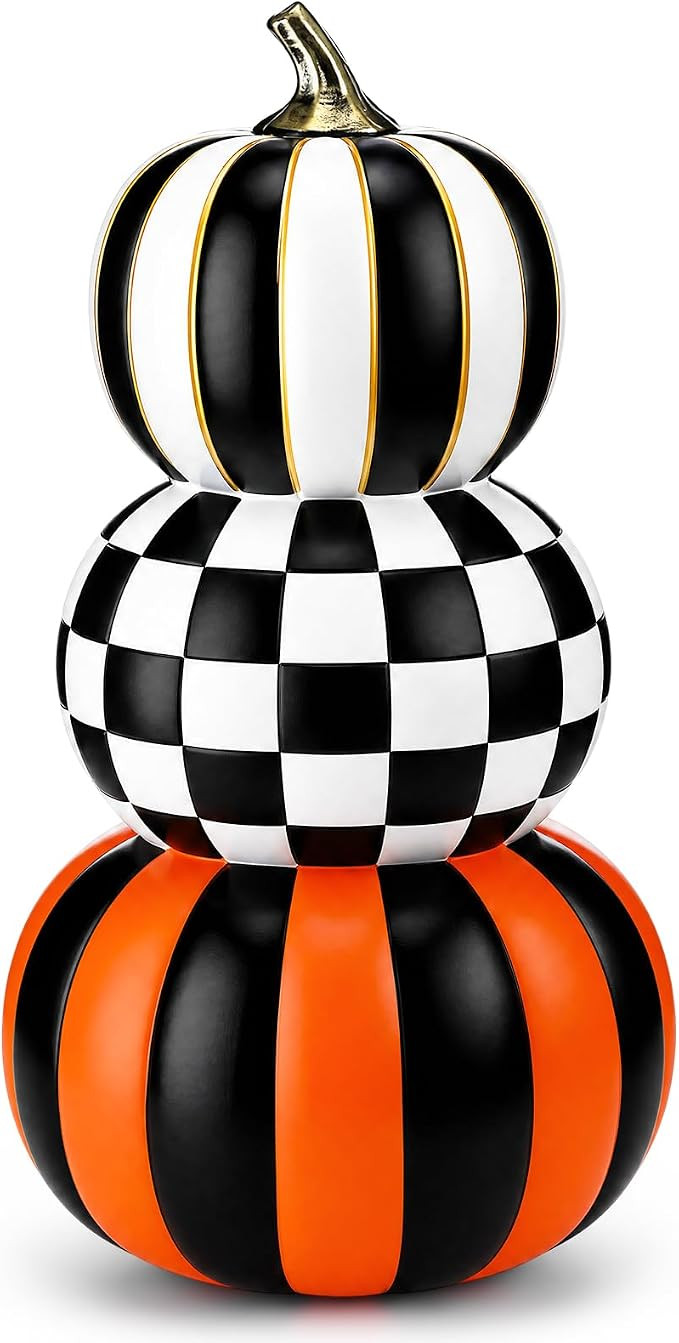 Briwooody 16.9 Inch Stacked Resin Pumpkin Decor, 3 Layers Halloween Artificial Fake Pumpkin Tower... | Amazon (US)