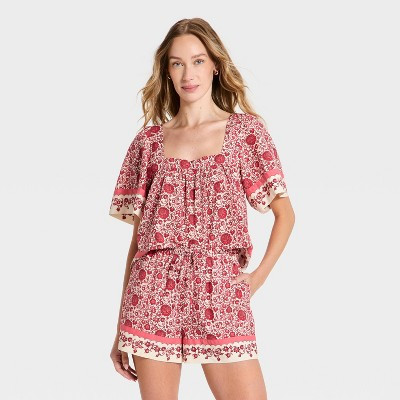 Women's Short Sleeve Blouse - Universal Thread™ Pink Tropical S | Target