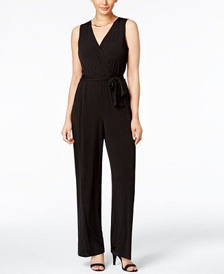NY Collection Petite Surplice Belted Wide-Leg Jumpsuit - Macy's | Macys (US)