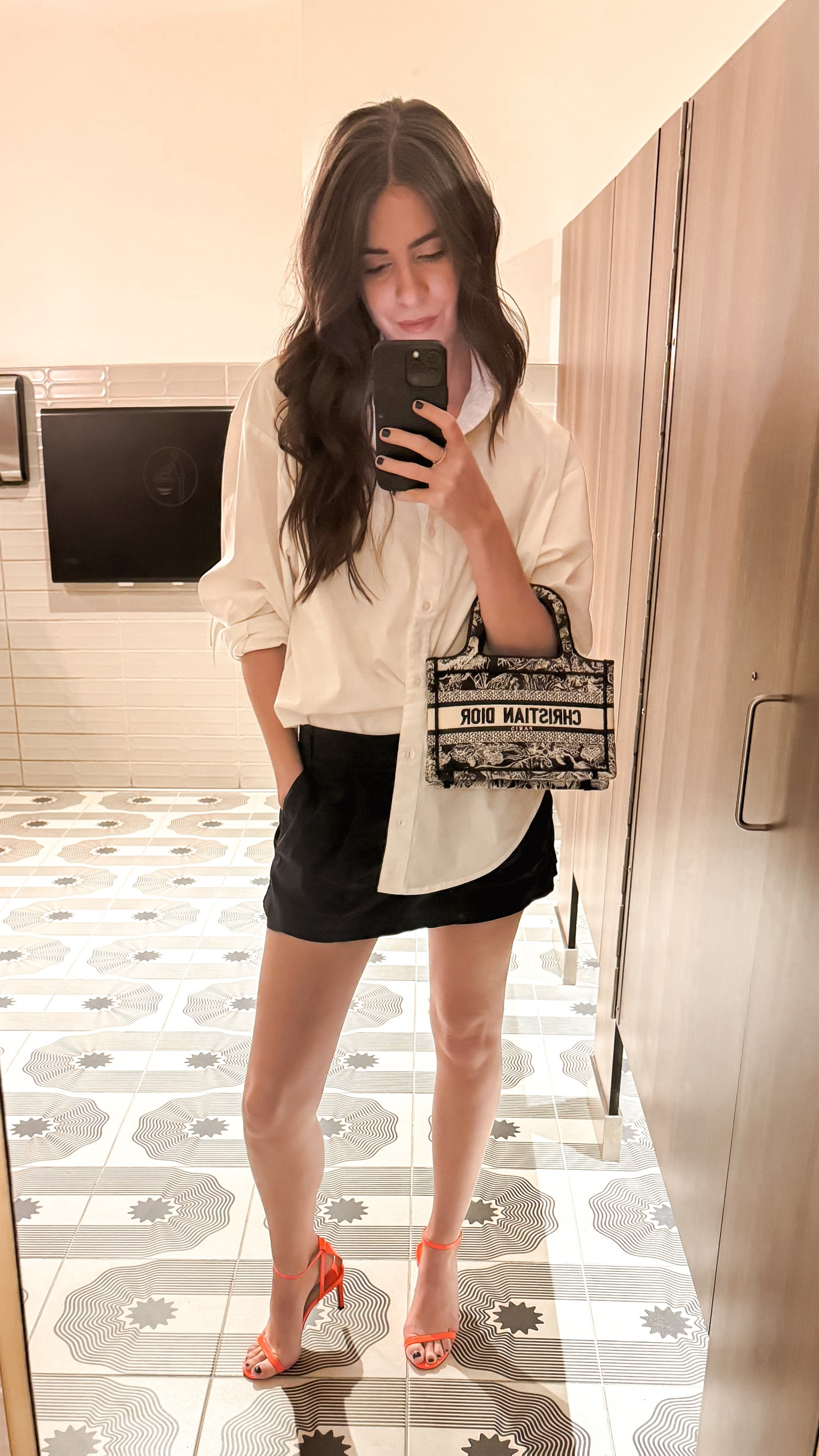 Date night outfit, date night style, mini skirt, Jimmy choo, orange shoes, Christian Dior book tote, white button up, dinner style, casual chic, what to wear on a date, high heels, orange heels

#LTKItBag #LTKStyleTip #LTKShoeCrush