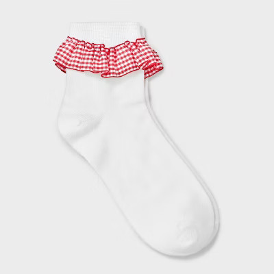 Women's Gingham Ruffle Ankle Socks - White/Red 4-10 | Target