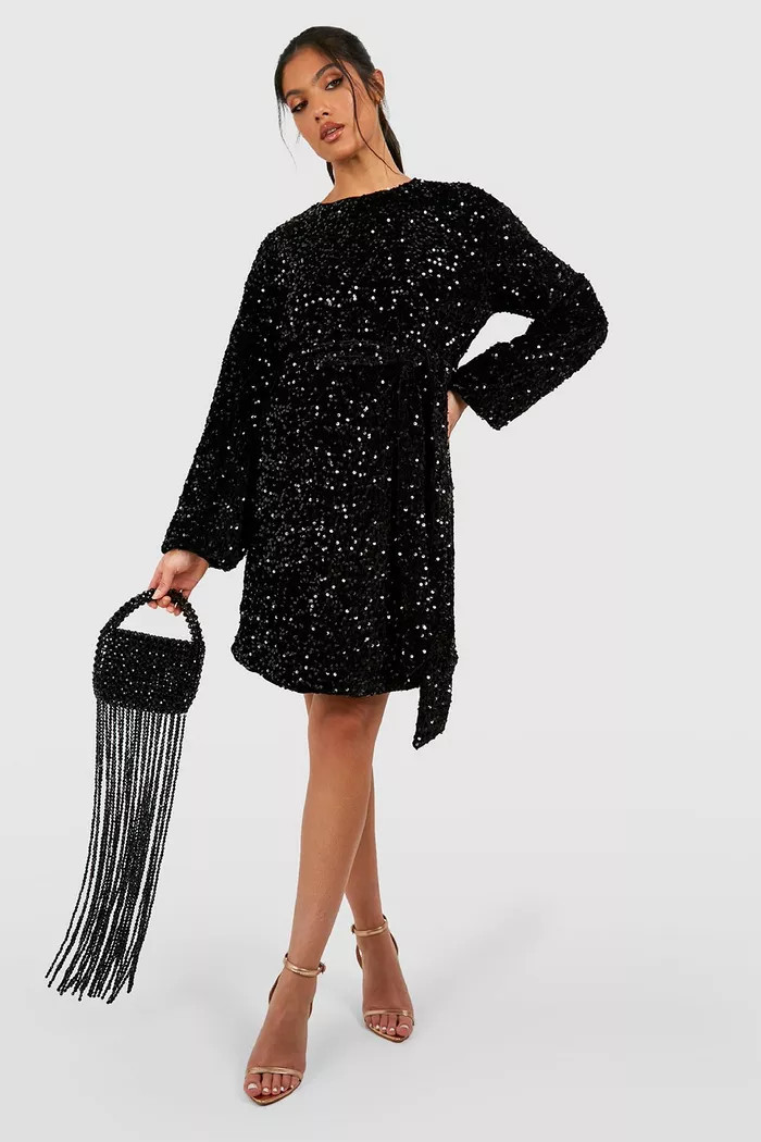 Maternity Velvet Sequin Tie Waist Shift Dress | boohoo (US & Canada)