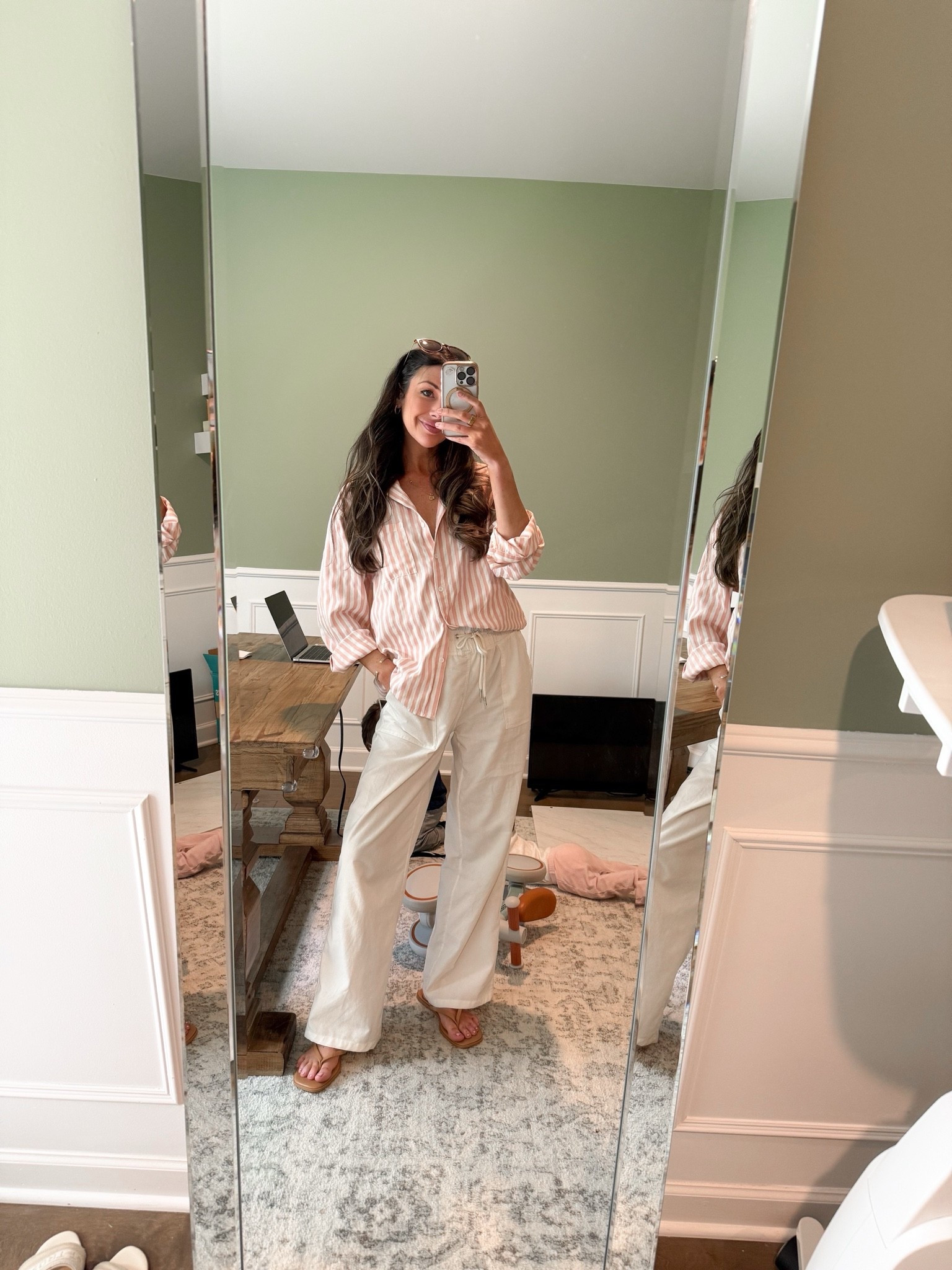 Wearing size medium in button down and linen pants. Flips flops fit true to size!