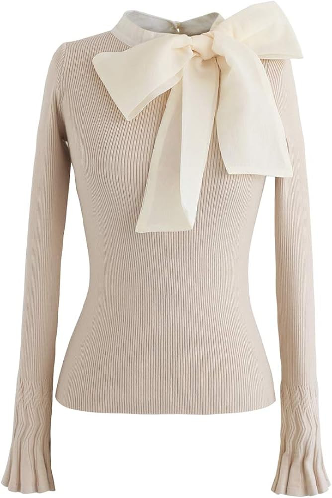 CHICWISH Women Bow Tied Long Sleeve Knit Top Mock Neck Slim Fitted Elegant Blouses Top Solid Wrap... | Amazon (US)