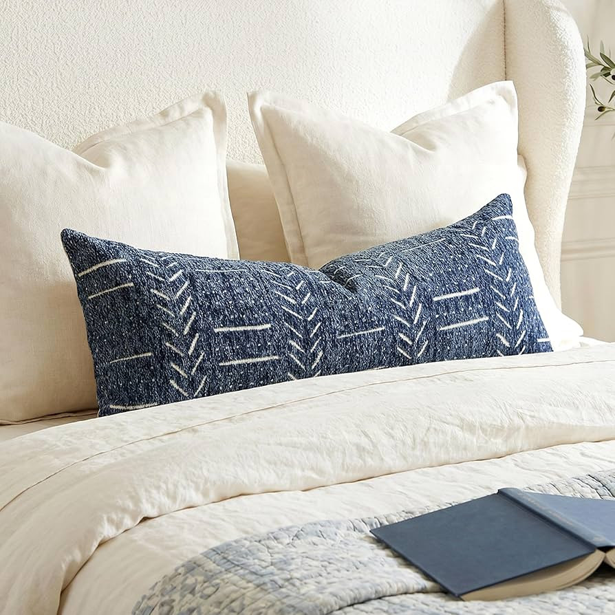 BlissBlush Decorative Lumbar Pillow Cover 14x36, Long Decorative Throw Pillow for Bed, Blue Boho ... | Amazon (US)