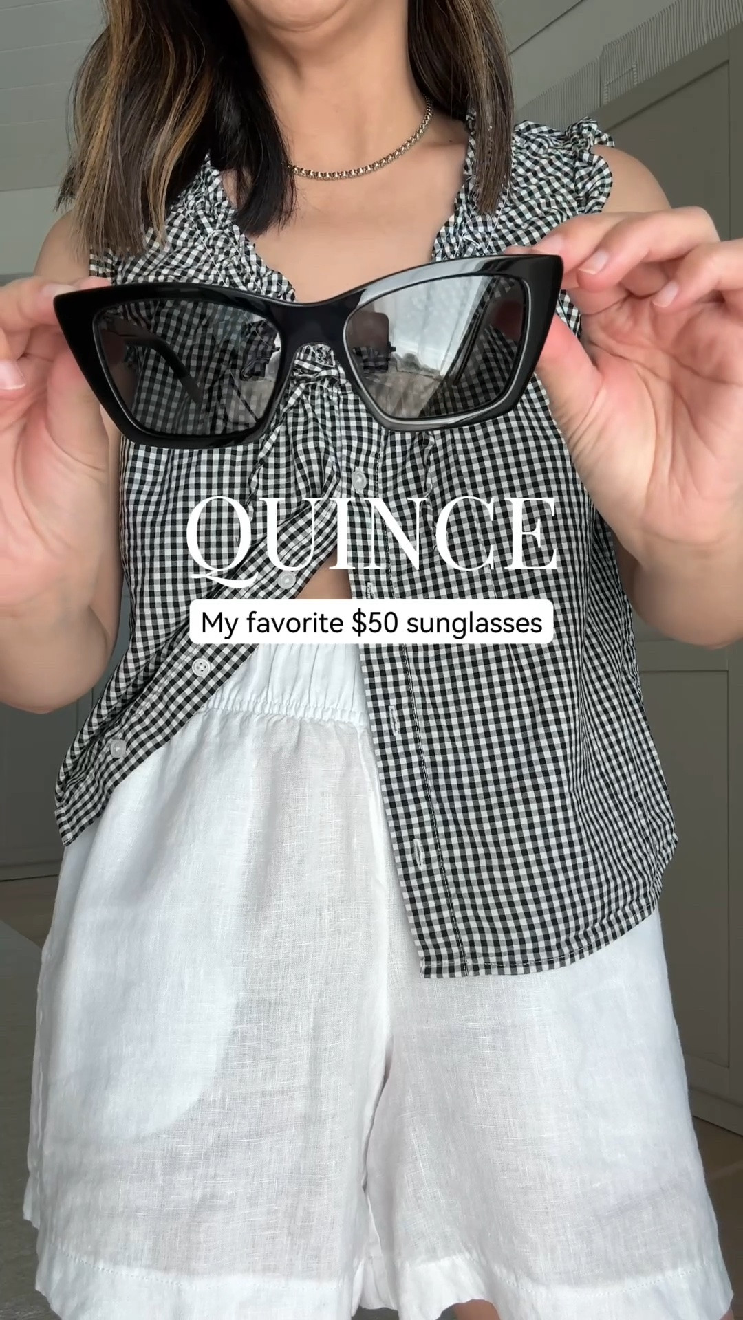 These sunglasses are such a classic shape and work really well for smaller faces. Wearing the gingham tank in an XS and the linen shorts in a small.

#LTKPetite #LTKmomlife