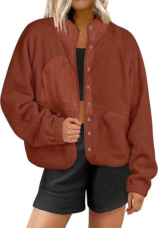 ANRABESS Womens Fuzzy Fleece Jacket Fall Casual Long Sleeve Cropped Sherpa Button Down Shacket Co... | Amazon (US)