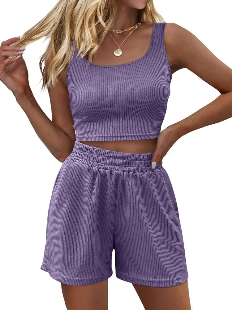 Trendy Queen Two Piece Summer Outfits Women Shorts Sets 2 Piece Sleeveless Matching Lounge Crop T... | Amazon (US)