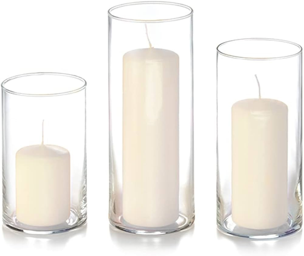 Yummi Set of 36 Slim Pillar Candles and Cylinder Vases - Ivory | Amazon (US)