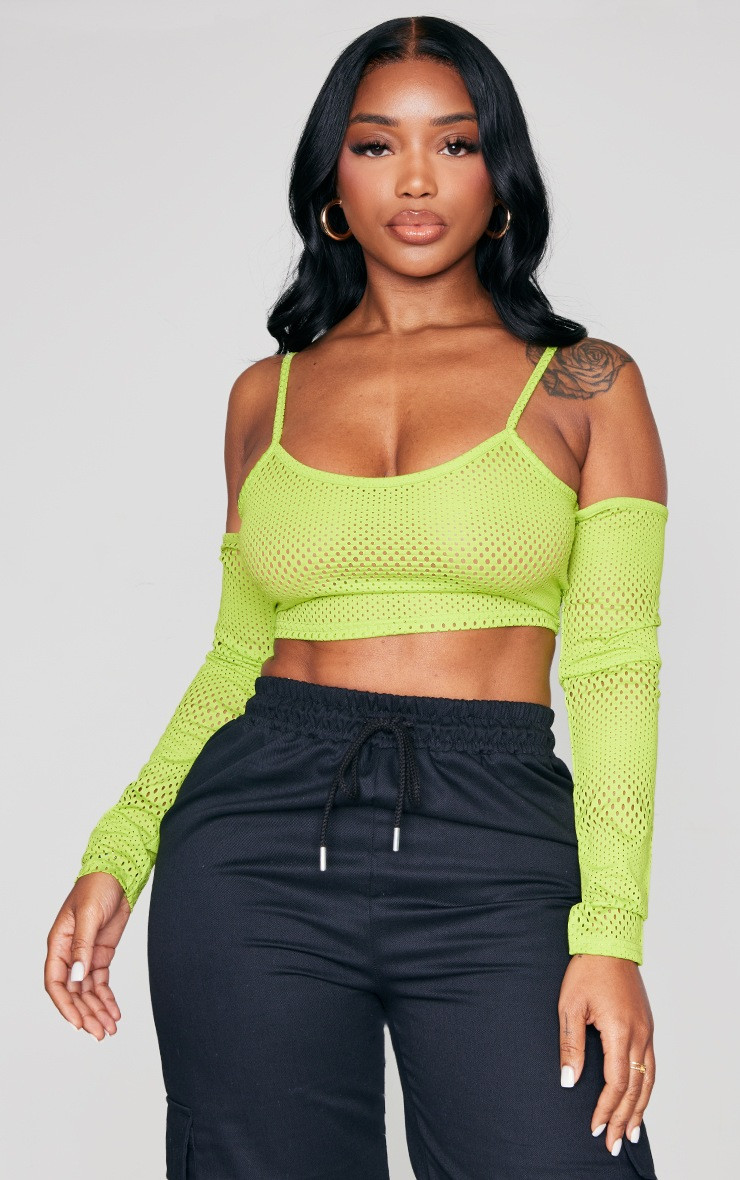 Shape Neon Green Fishnet Cold Shoulder Crop Top | PrettyLittleThing US
