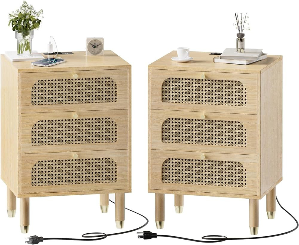 VINGLI Nightstands Set of 2, Rattan Nightstand with Storage Boho Bedroom Decor with Charging Station | Amazon (US)