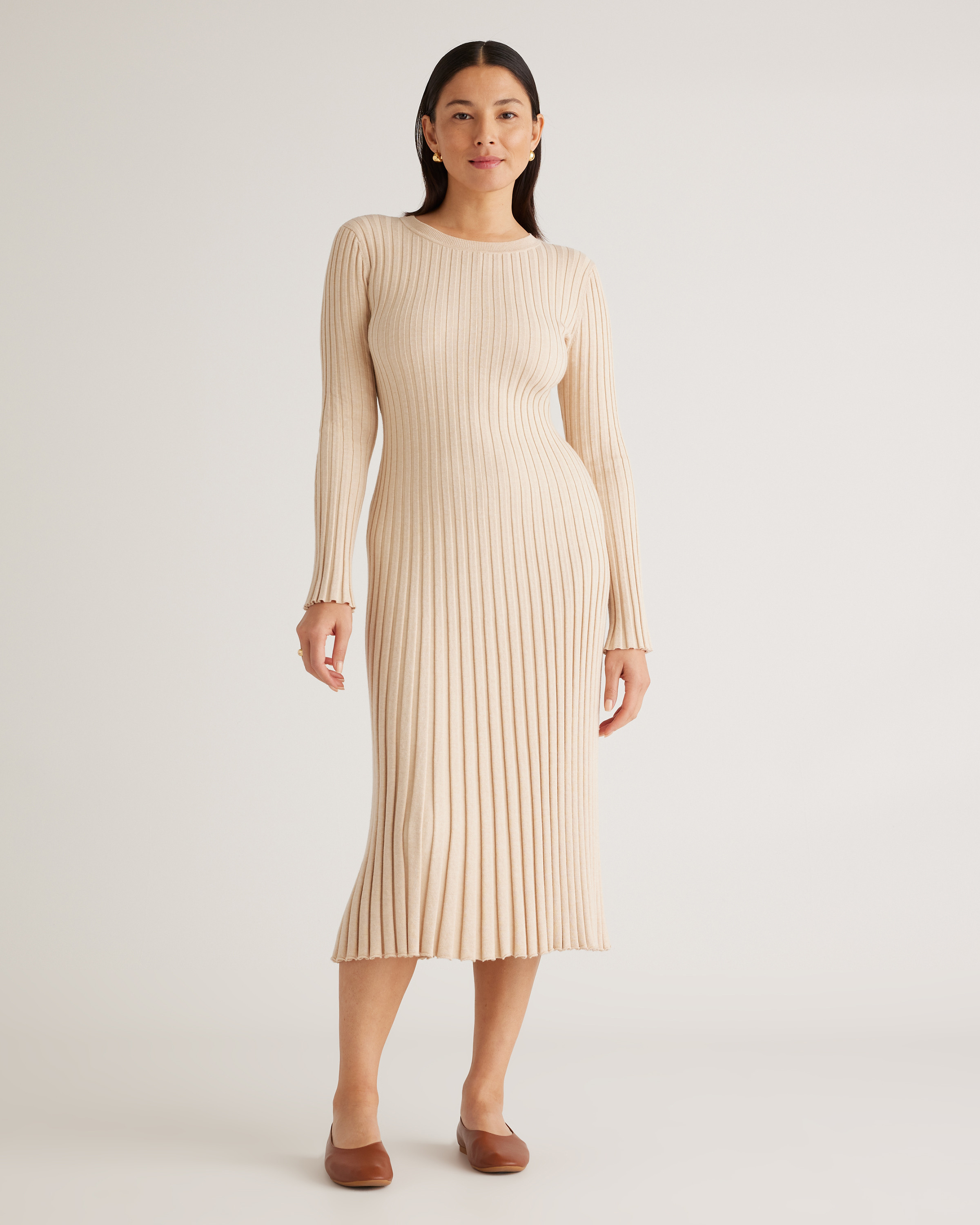 Quince | Women's Cotton Cashmere Ribbed Long Sleeve Crew Midi Dress in Heather Oatmeal, Size Small | Quince