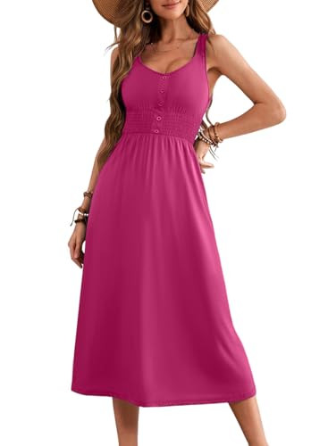 Dokotoo Summer Dresses for Women 2025 Casual Sleeveless Scoop Neck Button Up Smocked Elastic High Waist Swing Flared T Shirts Dress Comfy Beach Vacation Clothes for Women Sun Dresses Rosy XX-Large | Amazon (US)