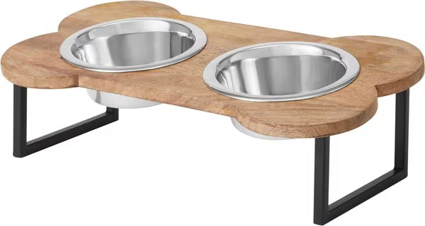 Frisco Premium Bone Shape Wood Elevated Double Diner Dog & Cat Bowl, Medium: 3 cup | Chewy.com