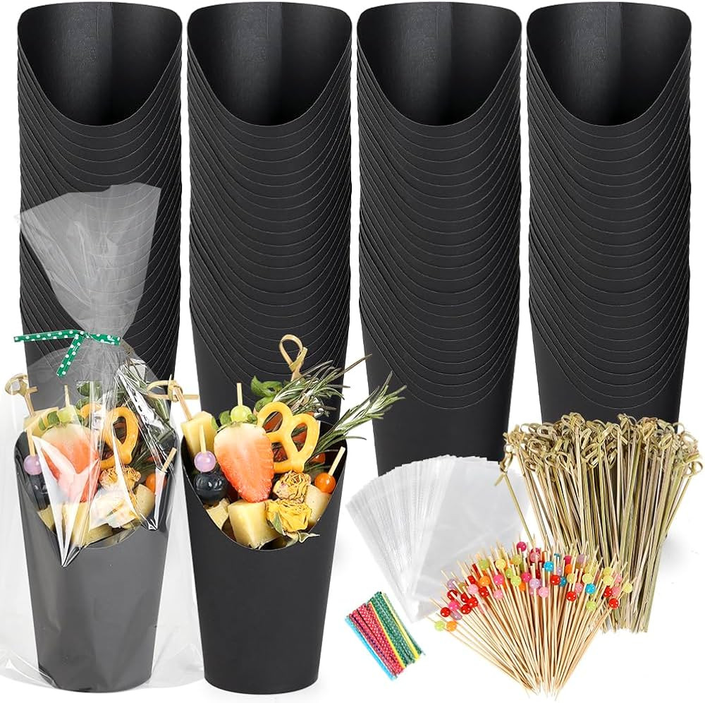 100pcs 12oz Charcuterie Cups Black, 200pcs Cocktail Sticks + 100pcs Bags, Disposable Charcuterie ... | Amazon (US)