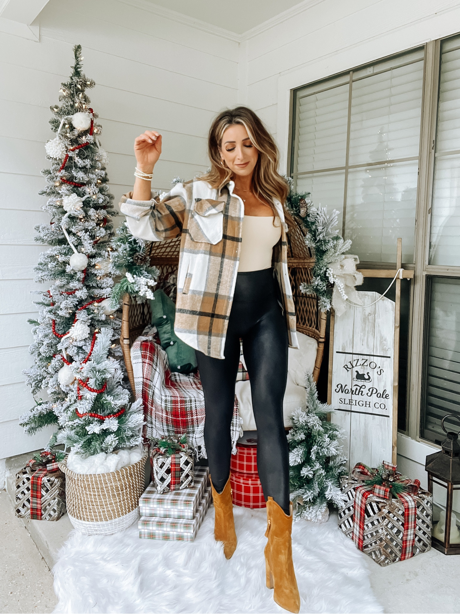 Black faux leather leggings, spanx, Amazon bodysuit, plaid shacket, plaid shirt, boots, thanksgiving outfit, fall outfits

#LTKHoliday #LTKstyletip #LTKfindsunder100