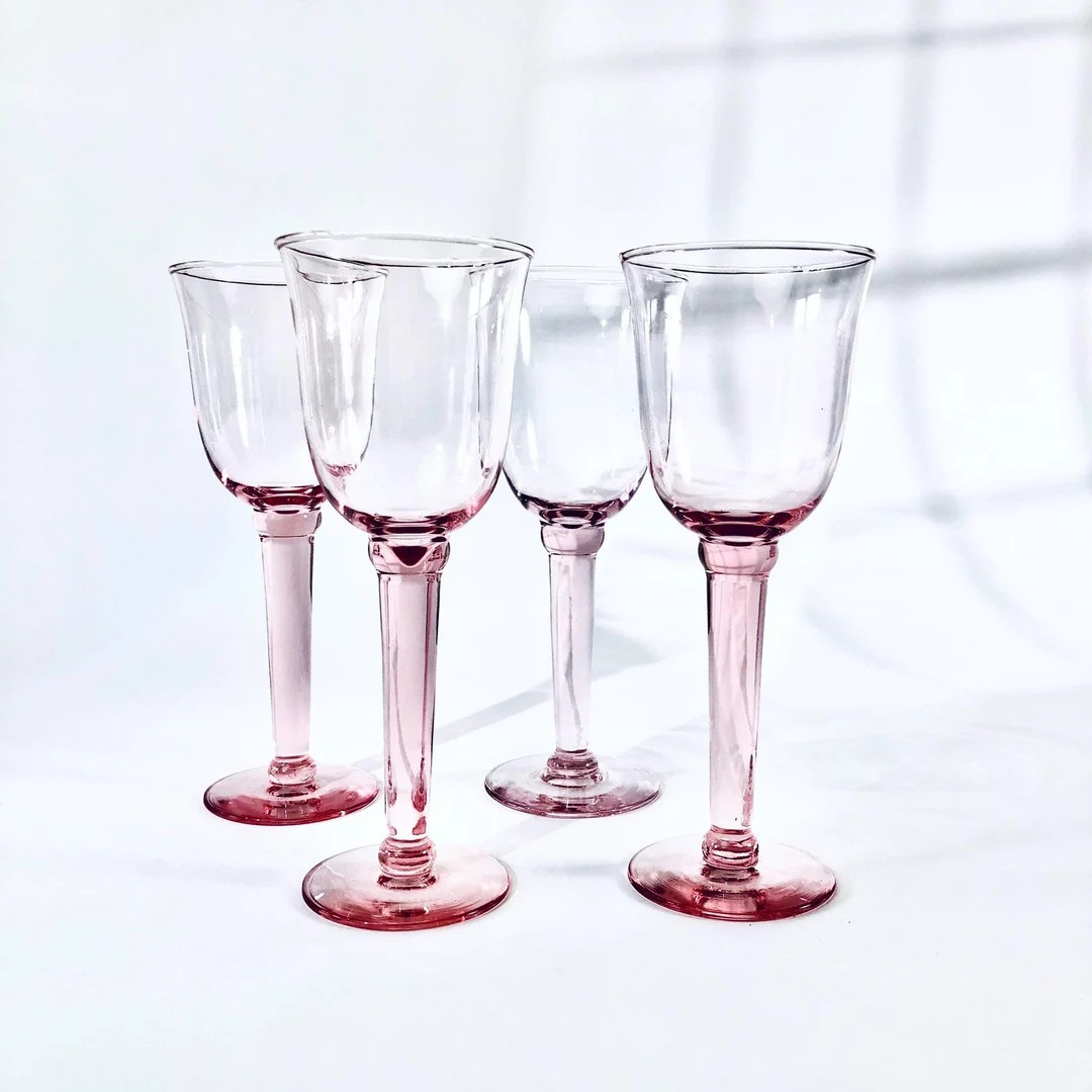 Vintage Pink Glass Wine Glasses, Thick Pink Glass Stems, RARE Retro 80s Set of 4 Hand Blown Wine ... | Etsy (US)