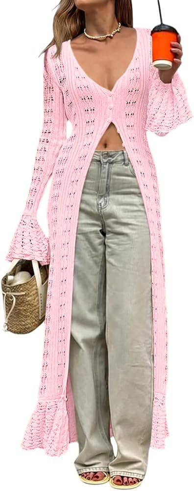 Saodimallsu Womens Crochet Long Cardigans Duster Button Up Bell Long Sleeve Ruffle 2026 Summer Bo... | Amazon (US)