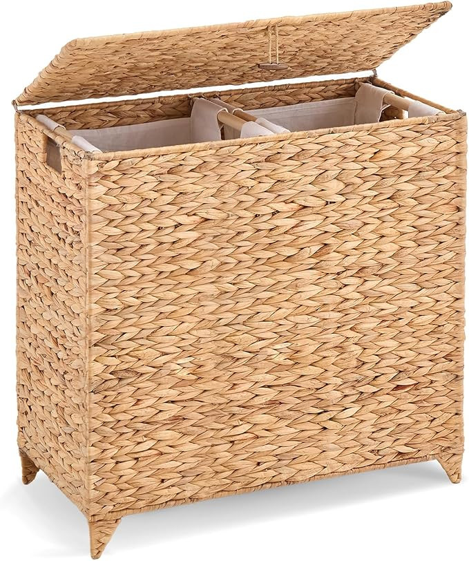 Handwoven Large Laundry Hamper with Lid and 2 Removable Liner Bags, Heightened Feet Natural Hyaci... | Amazon (US)