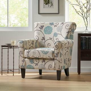 White and Blue Floral Fabric Arm Chair with Tapered Birch Wood Legs | The Home Depot