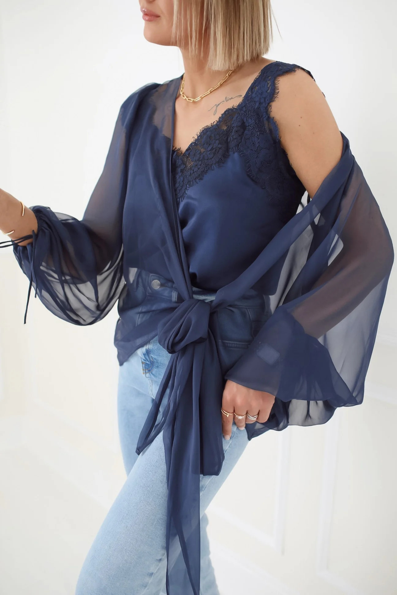 "The Jenny" - Sheer Wrap Blouse (Navy) | Sinead Keary