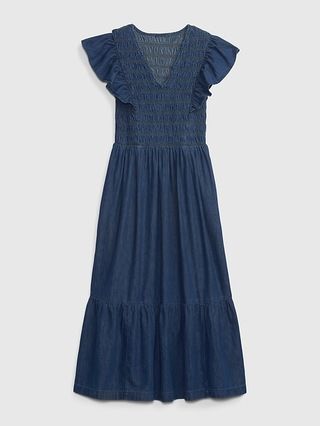 100% Organic Cotton Smocked Flutter Sleeve Denim Midi Dress with Washwell | Gap (US)