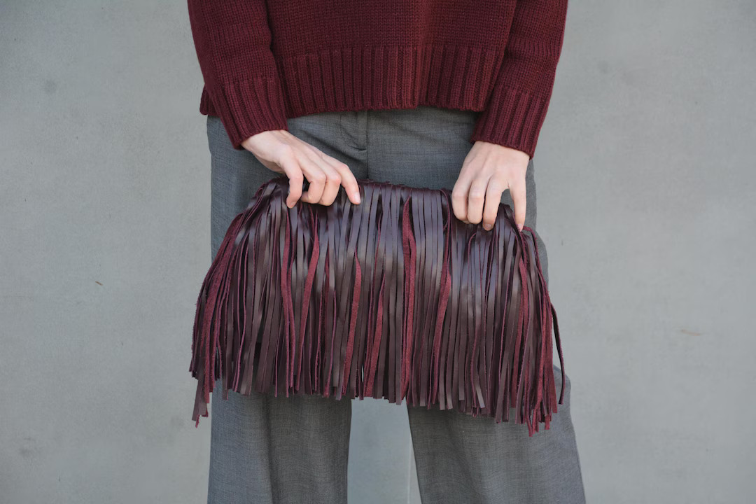 Burgundy genuine leather fringed framed clutch, Leather large cloud bag with tassels, Handmade Ov... | Etsy (US)