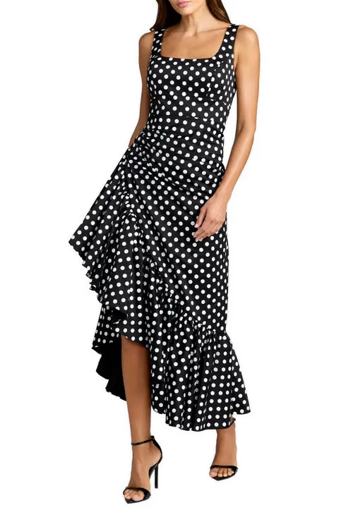 Mac Duggal Sleeveless Polka Dot Midi Dress with Ruffled Hem in Black Ivory at Nordstrom, Size 2 | Nordstrom