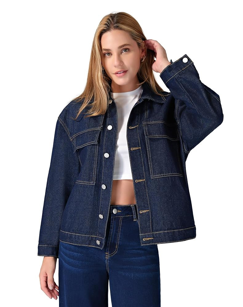 roswear Denim Jacket Coat for Women with Flap Chest Pockets Casual Oversized Jean Jackets | Amazon (US)